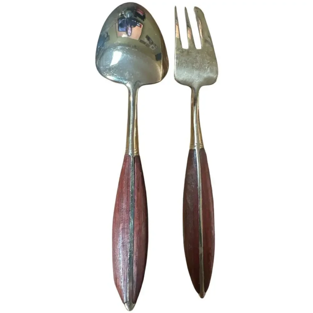 Vintage 60's Rosewood Brass Condiment Utensil Forks & Spoons Set Of 8 Persons